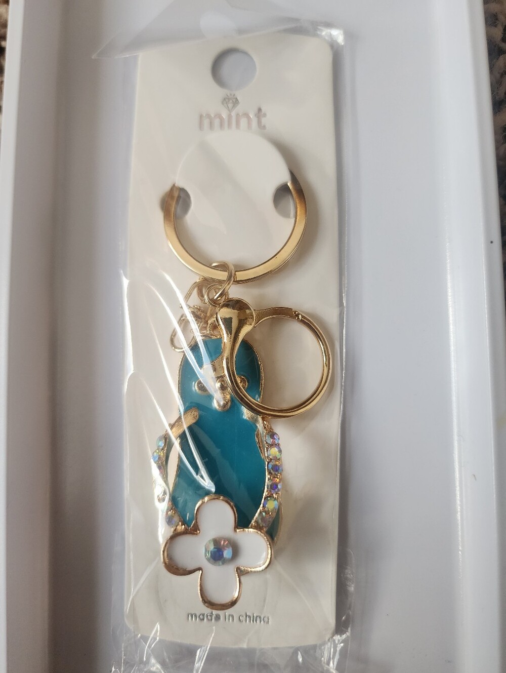 Mint Gold Teal and White Floral Key  Chain Shoe #11